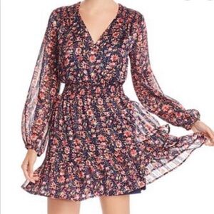 AQUA Babydoll Ruffled navy pink Floral mini smocked Dress cottagecore fairy M